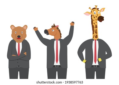 Animal businessman vector concepts: Humanized animal cartoon character in a suit as businessman
