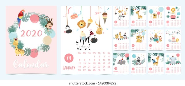 Animal calendar 2020 with elephant,giraffe,tiger,fox,parrot for children.Can be used for printable graphic 