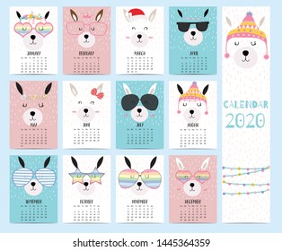 Animal calendar 2020 with llama for children.Can be used for printable graphic 