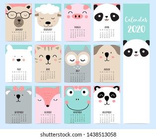 Animal calendar 2020 with woodland for children.Can be used for printable graphic 