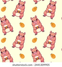 Tier Capybara Muster, halten Ostern, Cupcake, Kirsche, Ei, Vektor-Illustration		