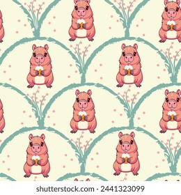 Tier Capybara Muster, halten Ostern, Cupcake, Kirsche, Ei, Vektor-Illustration	