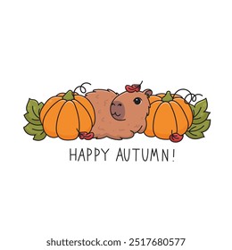 Сozy animal capybara rests among pumpkins in leaves. Funny cartoon character relaxing at fall season. Happy autumn inscription. Vector illustration isolated on white background