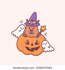 Animal capybara - wizard, in pumpkin jack-o'-lantern and little cute ghosts. Cartoon characters in kawaii style. Print for Halloween. Autumn vector illustration isolated on beige background