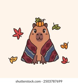 Сozy animal capybara wrapped in comfy blanket. Autumn cartoon character relaxing at fall season. Vector illustration isolated on beige background