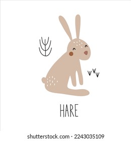 Animal card bird HARE for kids. Educational preschool cards for learning animals. Learn animal name for kids.