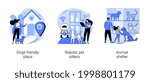 Animal care abstract concept vector illustration set. Dogs friendly place, robotic pet sitters, animal shelter, dogs free walking, pet adoption volunteer, interactive entertainment abstract metaphor.