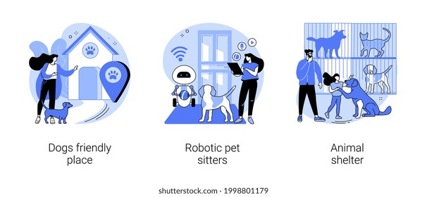 Animal care abstract concept vector illustration set. Dogs friendly place, robotic pet sitters, animal shelter, dogs free walking, pet adoption volunteer, interactive entertainment abstract metaphor.