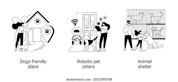Animal care abstract concept vector illustration set. Dogs friendly place, robotic pet sitters, animal shelter, dogs free walking, pet adoption volunteer, interactive entertainment abstract metaphor.