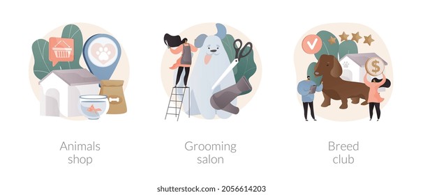 Animal care abstract concept vector illustration set. Animals shop, grooming salon, breed club, pet goods e-shop, supplies online, paws treatment parlor, canine breed show abstract metaphor.