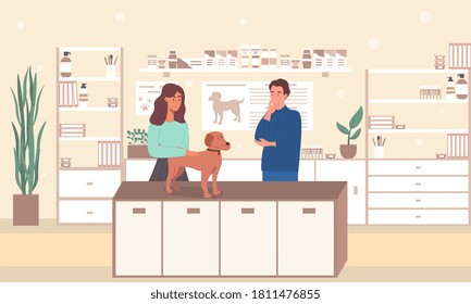 Animal care concept. Alarmed woman and man brought a sick dog to see a veterinarian. Flat vector illustration