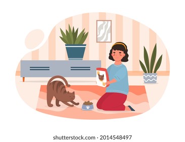 Animal care concept. Girl feeds pet cat. Child performs housework. Cute furry friend. Happy character and a well-fed animal. Cartoon modern flat vector illustration isolated on a white background