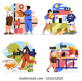 Animal care concept. Veterinarian clinic, dog walker, pet sitters and shelter. Owners love their dogs and cats. Friendship between humans and animals. Cartoon flat vector collection isolated on white