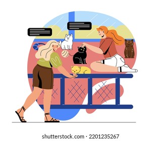 Animal care concept. Young female employee of pet hotel looks after fluffy cats in aviary. Nurse or pet sitter plays with small cute kittens. Cartoon flat vector illustration in doodle style