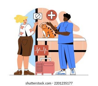 Animal care concept. Young male doctor at veterinary clinic treats cute fluffy cat for diseases. Girl brings her pet to hospital for examination. Cartoon flat vector illustration in doodle style