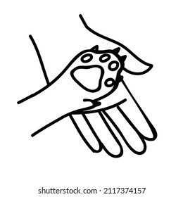 Animal care icon. Dog paw and human palm. Hand drawn vector illustration. Editable line stroke.