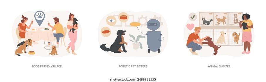 Conjunto de Ilustración vectorial de concepto aislado de cuidado animal. Lugar amigable para perros, cuidadores de mascotas robóticas, refugio para animales, perros que caminan libremente, voluntario de adopción de mascotas, concepto de Vector de entretenimiento interactivo.