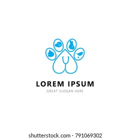 Animal Care Logo Design Template. Blue Color and Flat Concept
