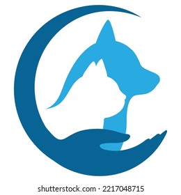 Animal care logo illustration.Hand with dog and cat silhouettes