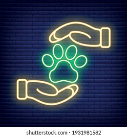 Animal Care Neon Icon. Concept for Healthcare Medicine and Pet Care. Outline and Black Domestic Animal. Pets Symbol, Icon and Badge. Simple Vector illustration on dark brickwork.