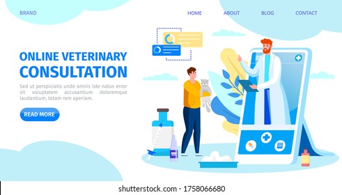 Animal care service online design, veterinary consultation vector illustration. Veterinarian doctor character in smartphone. Clinic specialist person helps, vet working through cartoon smartphone screen.