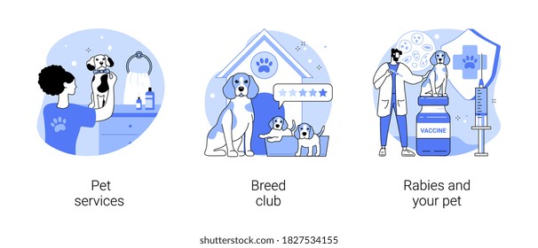 Animal care services abstract concept vector illustration set. Pet services, breed club, rabies and pet, dog walking, grooming salon, dog standard, training service, vaccination abstract metaphor.