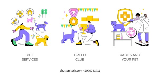 Animal care services abstract concept vector illustration set. Pet services, breed club, rabies and pet, dog walking, grooming salon, dog standard, training service, vaccination abstract metaphor.