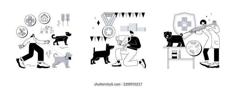 Animal care services abstract concept vector illustration set. Pet services, breed club, rabies and pet, dog walking, grooming salon, dog standard, training service, vaccination abstract metaphor.