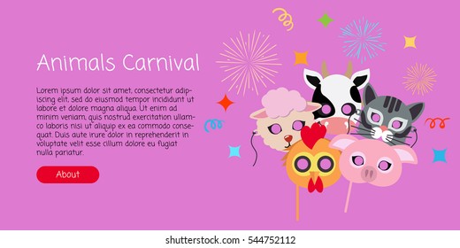 Animal carnival funny childish mascarade masks with firework. Vector illustration of cock with pig, domesticated cow near sheep and cat. Masque for festivals and children holidays. Dress code for kids