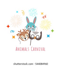 Animal carnival funny childish masks with fireworks. Masks of forest animals deer with rabbit and owl. Vector illustration of masques for festivals and children holidays. Dress code for kids in flat