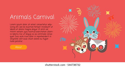 Animal carnival funny childish masks with fireworks. Masks of forest animals deer with rabbit and owl. Vector illustration of masques for festivals and children holidays. Dress code for kids in flat