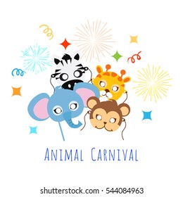 Animal Carnival funny childish masquerade masks with firework. Elephant with zebra, monkey near giraffe vector illustration. Masque for festival and children holiday. Dress code for kids in flat style