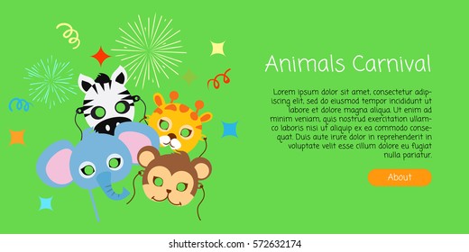 Animal Carnival funny childish masquerade masks with firework. Elephant with zebra, monkey near giraffe vector illustration. Masque for festival and children holiday. Dress code for kids in flat style