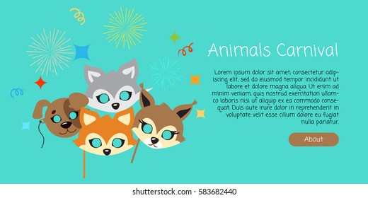 Animal carnival masks of brown dog, cute red fox and squirrel with grey rabbit in cartoon style. Colourful decorations on background with salute streamer bright strips. Party celebration vector banner