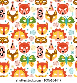 Animal carnival masks seamless pattern background. Vector illustration