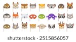 Animal carnival party masks. Festival or birthday costume with vector cute faces of cat, bear, owl, wolf or dog. Cartoon kids Halloween masks on sticks, monkey, crocodile, leopard and raccoon heads