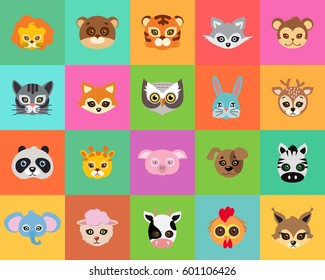 Animal carnival set of animal masks in cartoon style. Colourful decorations on background. Vector illustration of masques for festivals and children holidays. Dress code for kids in flat style design