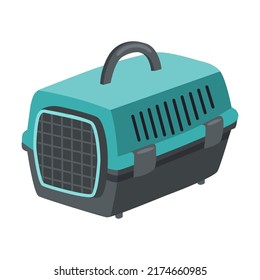 Animal carrier cage. Dog with its food, toys, brush, bowls vector illustration. Cartoon animals collar, kennel, balls, shampoo animals concept