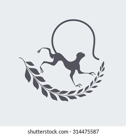 Animal cartoon background with silhouette of Monkey and branch in grey color. Vector illustration. Works well as icon, print, emblem, poster, insignia, label, tattoo or Chinese calendar 2016 element .