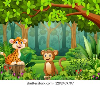 Animal cartoon in the beautiful green forest landscape