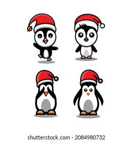 Animal cartoon Bundle penguin in christmas hat , with in white background , vector logo design template