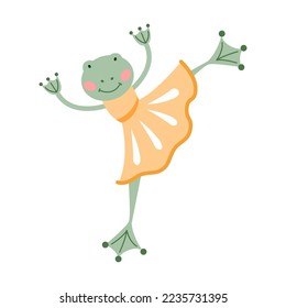 Animal cartoon character as ballerina vector illustration. Little comic frog toad in dress or tutus dancing and bowing, Scandinavian or Nordic style. Ballet concept