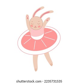 Animal cartoon character as ballerina vector illustration. Little comic rabbit in dress or tutus dancing and bowing, Scandinavian or Nordic style. Ballet concept