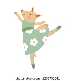 Animal cartoon character as ballerina vector illustration. Little comic Fox in dress or tutus dancing and bowing, Scandinavian or Nordic style. Ballet concept