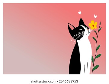 Personagem de desenho animado animal: gato preto bonito e flor 