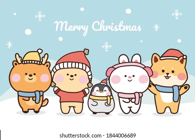 Animal cartoon character design.Winter concept.Merry christmas writing.Deer,bear,penguin,rabbit,shiba inu dog.Image for card,background,banner,wallpaper,baby product.Kawaii.Vector.Illustration.