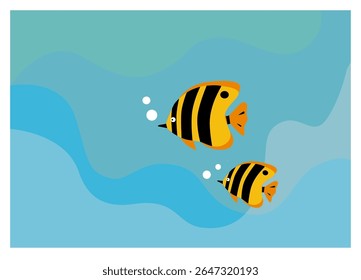 Animal cartoon character: happy tiger fish (mom and son) in a big blue ocean 