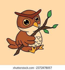 Animal Cartoon Character Of An Owl Holding A Branch