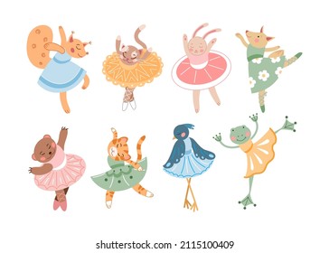 Animal cartoon characters as ballerinas vector illustrations set. Little comic bear, rabbit or bunny, squirrel in dresses or tutus dancing and bowing, Scandinavian or Nordic style. Ballet concept