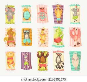 Animal cartoon characters sunbathing vector illustrations set. Summer resort, funny comic fox, raccoon, elephant, turtle, pig relaxing on beach towels on white background. Wildlife, vacation concept